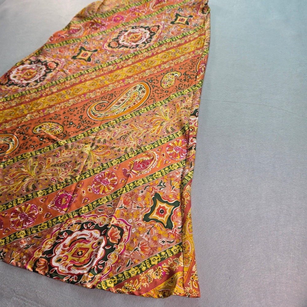 Boho Paisley Floral Maxi Skirt Womens S 4 Orange Green Stripe 70s Festival